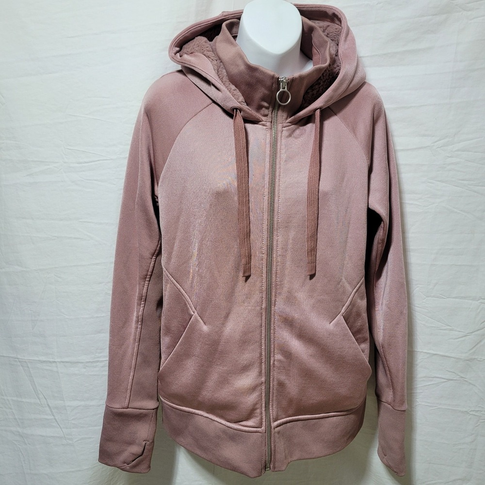 Athleta Triumph Luxe Shine Hoodie Womens Sz Medium Pink Fleece Lined Full Zip